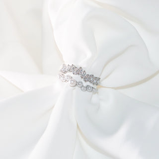 Silver Cubic Zirconia & Pearl Double Layer Adjustable Ring