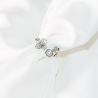 Sterling Silver Flower Open Ring with Pearl & Crystal – Adjustable