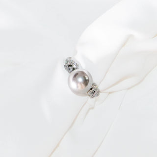 Gray Pearl Ring with Cubic Zirconia, 925 Sterling Silver-Adjustable