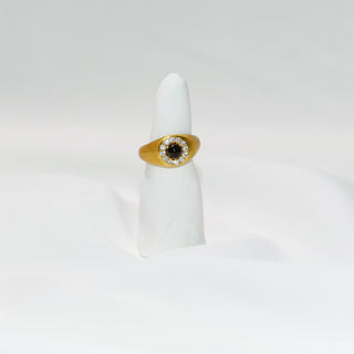Vintage Gold Plated Black Stone Halo Ring Adjustable Open Band CZ Diamond Statement Ring for Women