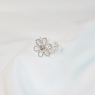 French Floral Cubic Zirconia Silver-Plated Adjustable Ring