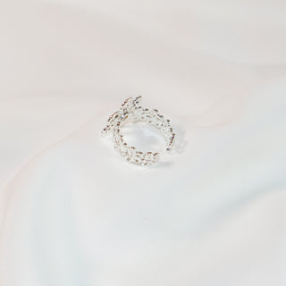 French Floral Cubic Zirconia Silver-Plated Adjustable Ring