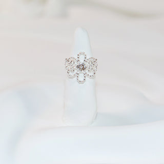 French Floral Cubic Zirconia Silver-Plated Adjustable Ring