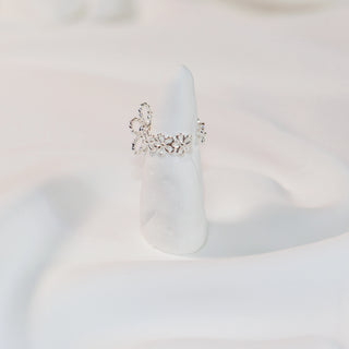 French Floral Cubic Zirconia Silver-Plated Adjustable Ring