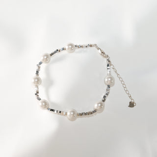 S925 Silver Pearl Bracelet with Faceted Beads & Heart Charm
