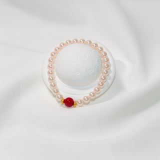 Cinnabar Red Bead & Faux Pearl Stretch Bracelet – Elegant Energy Jewelry Gift for Women