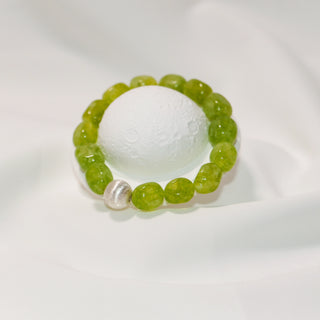 Avocado Green Jade Beaded Bracelet with Sterling Silver Accent – Elastic Gemstone Bracelet 15cm 17cm