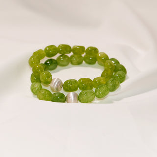 Avocado Green Jade Beaded Bracelet with Sterling Silver Accent – Elastic Gemstone Bracelet 15cm 17cm