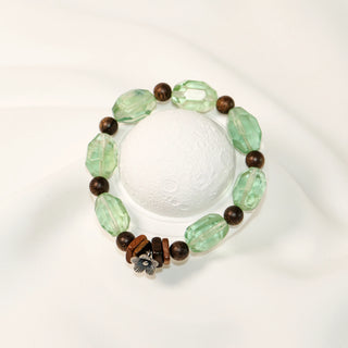 Green Fluorite & Agarwood Beaded Bracelet with Floral Charm