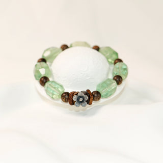 Green Fluorite & Agarwood Beaded Bracelet with Floral Charm