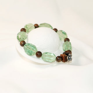 Green Fluorite & Agarwood Beaded Bracelet with Floral Charm