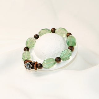 Green Fluorite & Agarwood Beaded Bracelet with Floral Charm