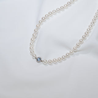 Natural Aquamarine & CZ Accent Pearl Necklace – Elegant White Freshwater Pearl Jewelry