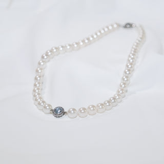 Natural Aquamarine & CZ Accent Pearl Necklace – Elegant White Freshwater Pearl Jewelry