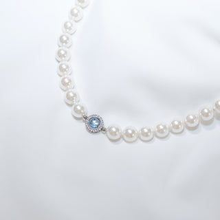 Natural Aquamarine & CZ Accent Pearl Necklace – Elegant White Freshwater Pearl Jewelry
