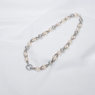 Double Layer Pearl & Silver Bead Necklace with CZ Clasp – Elegant Women’s Jewelry