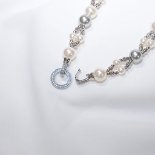Double Layer Pearl & Silver Bead Necklace with CZ Clasp – Elegant Women’s Jewelry
