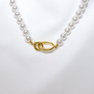 White Pearl Necklace with Gold-Tone Irregular Clasp