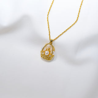 Gold Plated Pearl Basket Necklace – Elegant 3D Woven Pendant with Cubic Zirconia