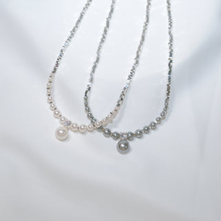 White Pearl & Grey Tahitian Pearl Necklace | Silver Plated Bead Chain with Drop Pendant
