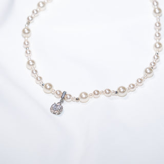 Sterling Silver Pearl Necklace with Detachable Cushion-Cut CZ Pendant