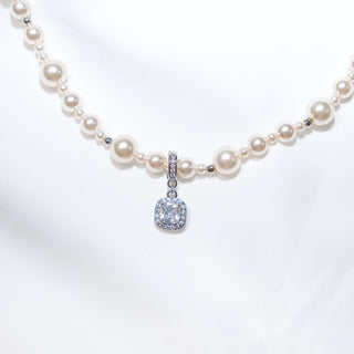 Sterling Silver Pearl Necklace with Detachable Cushion-Cut CZ Pendant