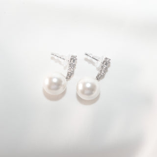 S925 Silver Pearl Stud Earrings with CZ Accents