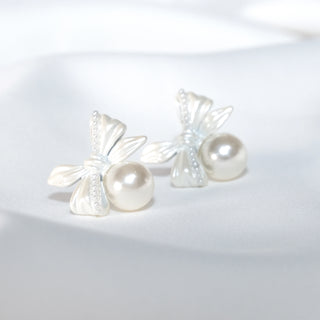 Elegant Pearl Bow Stud Earrings – S925 Sterling Silver Posts