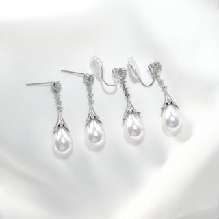 Pearl Drop Earrings Silver Plated Stud & Clip-On