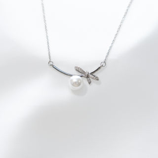 Pearl Bow Necklace in Silver with CZ Ribbon Pendant