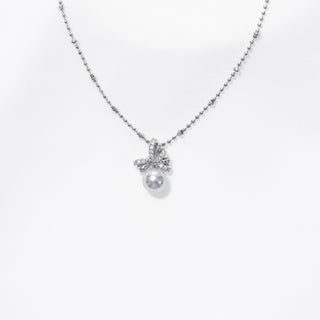 Zircon Bow Pearl Pendant Necklace – White Pearl / Tahitian Gray Pearl