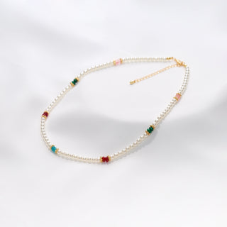 Colorful Beaded Pearl Choker Necklace with Gold Accents – Baby Pearl, 39+7cm