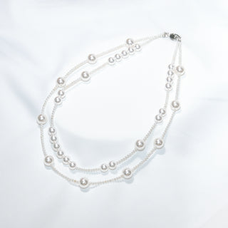 Layered Shell Pearl Necklace, Double Strand Pearl Chain (2mm 8mm 10mm)