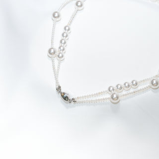 Layered Shell Pearl Necklace, Double Strand Pearl Chain (2mm 8mm 10mm)