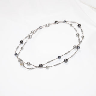Long Black Pearl Necklace 70cm Double Layer Silver Chain Station Pearl Sweater Necklace for Women Elegant Jewelry