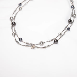 Long Black Pearl Necklace 70cm Double Layer Silver Chain Station Pearl Sweater Necklace for Women Elegant Jewelry