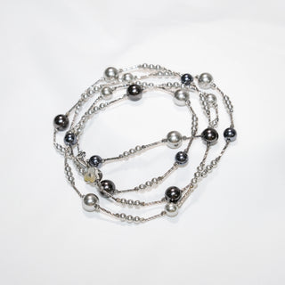 Long Black Pearl Necklace 70cm Double Layer Silver Chain Station Pearl Sweater Necklace for Women Elegant Jewelry