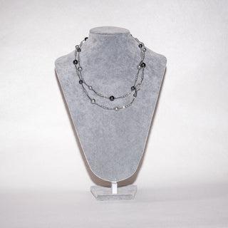 Long Black Pearl Necklace 70cm Double Layer Silver Chain Station Pearl Sweater Necklace for Women Elegant Jewelry