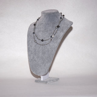 Long Black Pearl Necklace 70cm Double Layer Silver Chain Station Pearl Sweater Necklace for Women Elegant Jewelry