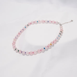 Macaron Pastel Rose Quartz Beaded Choker Necklace – Minimalist Chinese Style Gemstone Necklace for Women