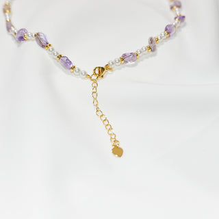 Amethyst Pearl Beaded Necklace Gold Accent Natural Purple Crystal Choker Elegant Handmade Jewelry