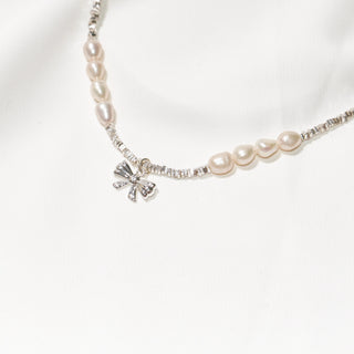 Dainty Silver Pearl Bow Necklace – Minimalist Freshwater Pearl Choker, Elegant Gift Jewelry for Women