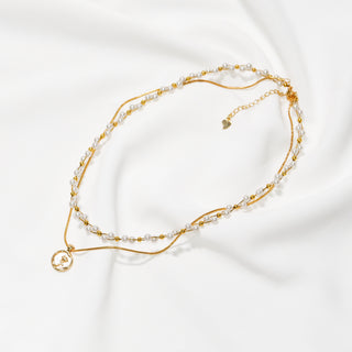 Elegant Gold Pearl Double Layer Necklace Rose Charm