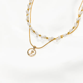Elegant Gold Pearl Double Layer Necklace Rose Charm