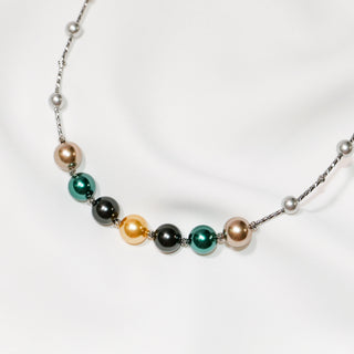 Multicolour Pearl Bead Station Necklace – Silver-Tone Chain
