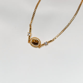 Gold-Plated Sterling Silver Tiger's Eye Halo Necklace with CZ