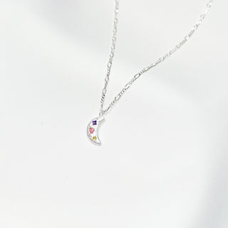 Rainbow CZ Crescent Moon Necklace in 925 Sterling Silver