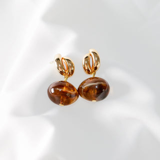 Amber Resin Drop Earrings Gold Tone Studs