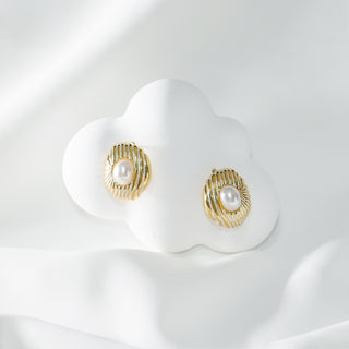 Gold Pearl Stud Earrings, Vintage French Style, Elegant Women's Jewelry