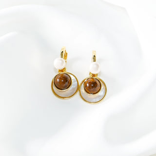 Gold Plated Tiger's Eye & Pearl Earrings with Mother of Pearl